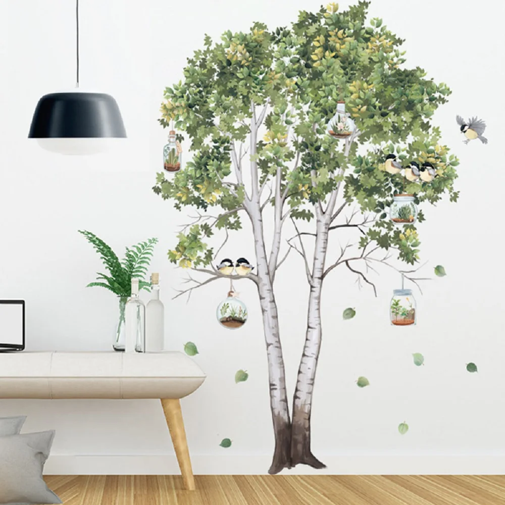 Big Tree Birch Wall Stickers Green Leaves Wall Decals Living Room Bedroom Birds Home Decor Poster Mural PVC Room Decoration