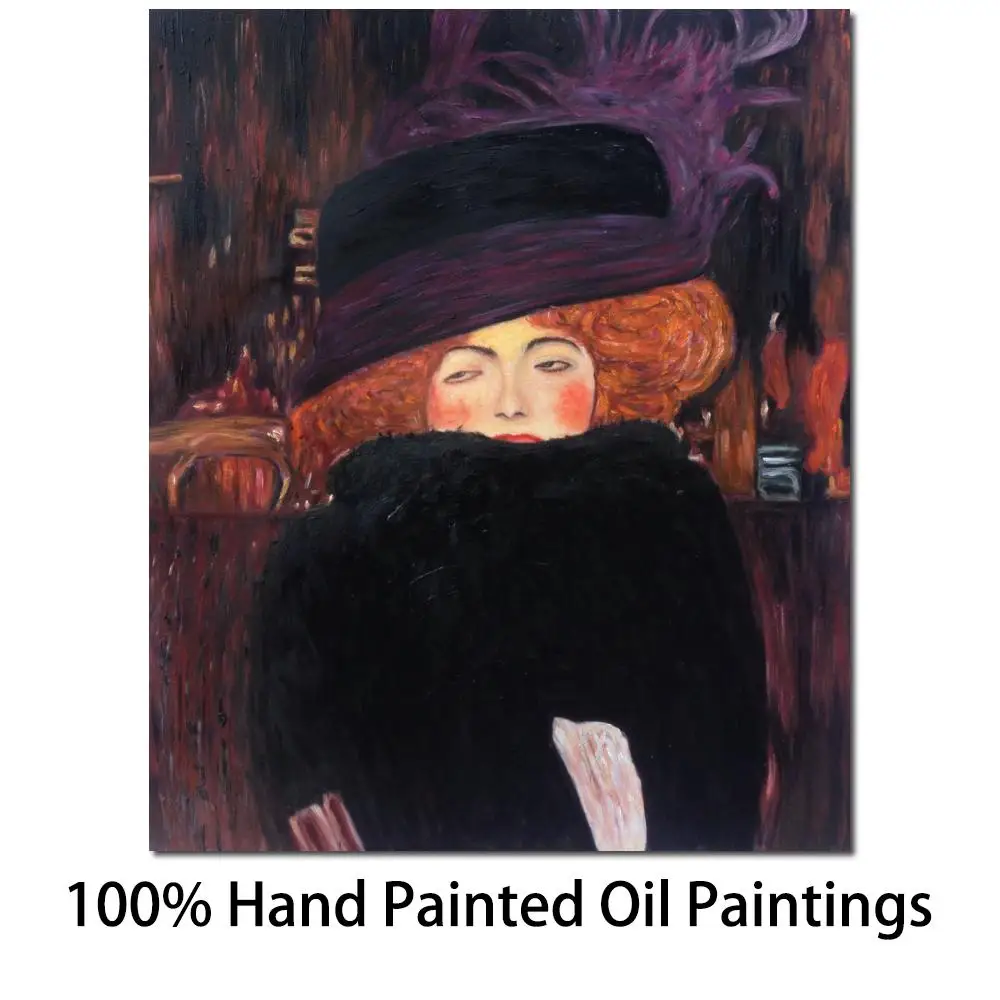 

Female Canvas Art Handmade Gustav Klimt Painting Portrait of Lady with Feather Hat Modern Artwork Beautiful Woman Room Decor