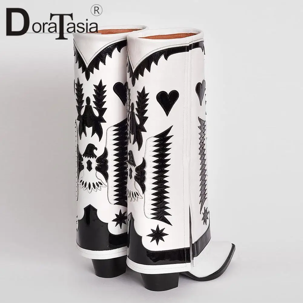 Brand New Female Embroider Totem Cowgirl Boots Fashion Chunky Heels women's Boots Mixed Colors Pointed Toe Western Woman Shoes