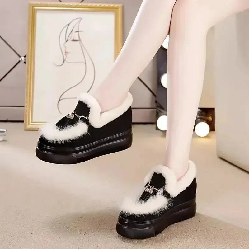 8cm Genuine Leather Women Winter tassels Shoes Platform Sneakers Wedge Heel Warm Fur Long Plush Casual White Fashion Boots