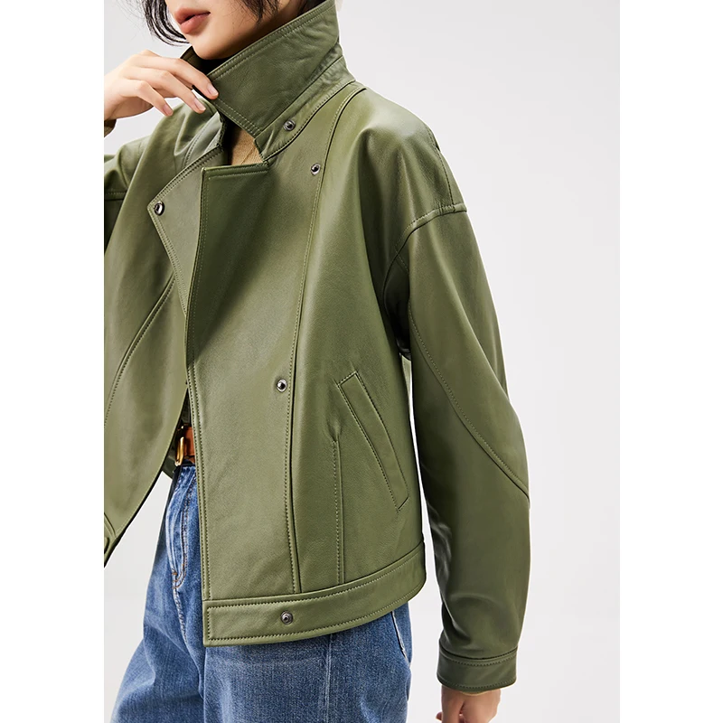 New Real Leather Jacket Women  Sheepskin  High Street Covered Button Vintage Spring/Autumn 2022 Genuine Leather Coat for Women