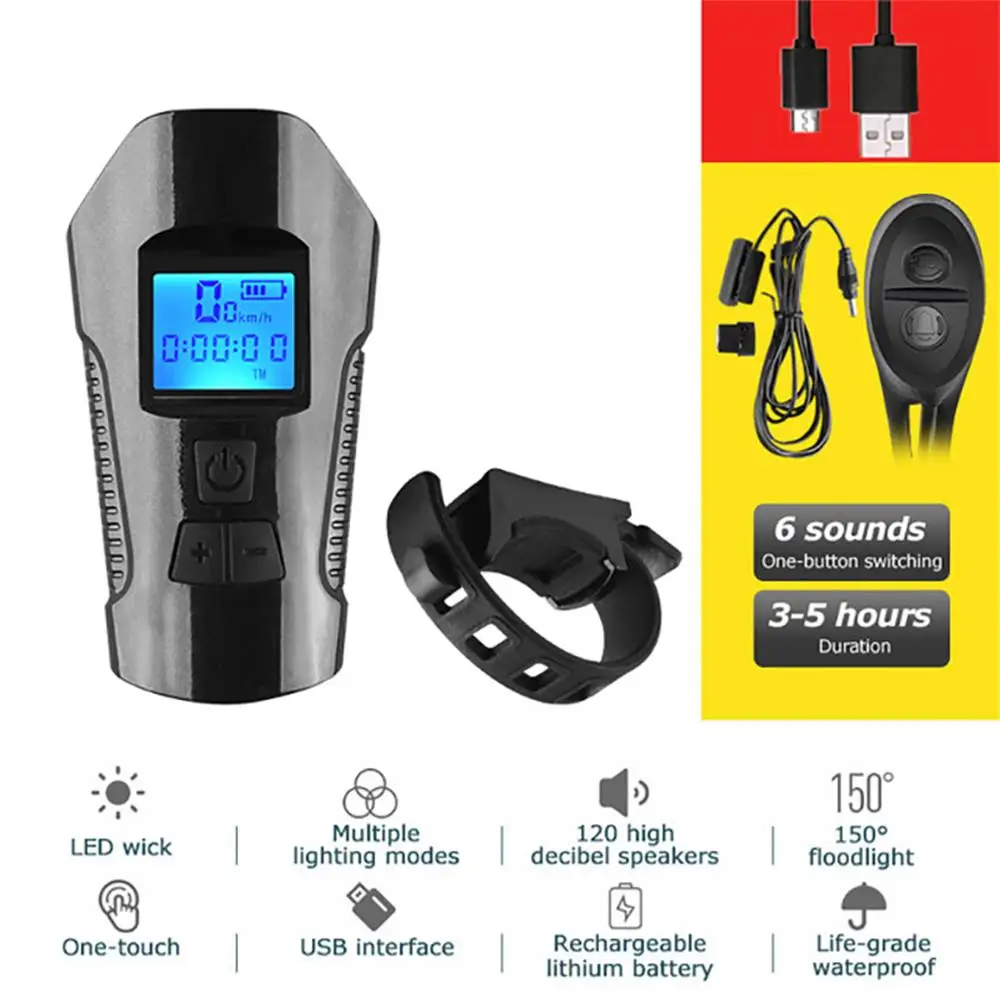 

Светодиодный велосипедный звонок, водонепроницаемый Передний фонарь со спидометром и одометром, зарядка через USB
