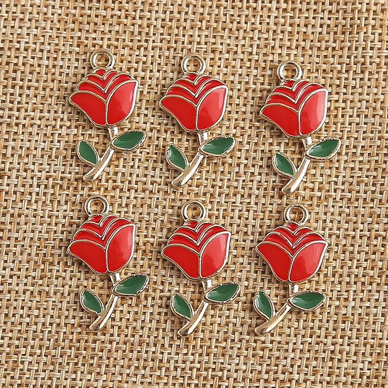 

10pcs 12x23mm Alloy Enamel Rose Flower Charms for Making DIY Necklaces Pendants Earrings Handmade Keychains Jewelry Findings