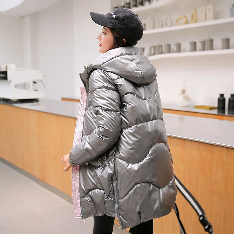 Cotton-padded Jacket Women's 2020 Winter Cotton-padded Jacket Women's Mid-length Shiny Loose Hooded Thick Padded Jacket 3XL