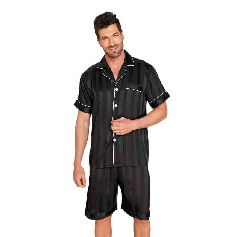 

Black Color Men's Short Sleeve Shorts Two Pcs Sets for Spring and Summer Thin Pijama Silk Home Wear Fashion Men Pajamas Set