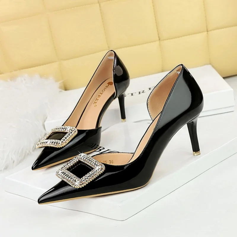 

BIGTREE Shoes Woman Pumps Women Basic Pump Rhinestone Pointed Toe Patent Leather 7CM Thin high heels Sweet Stiletto Women Shoes