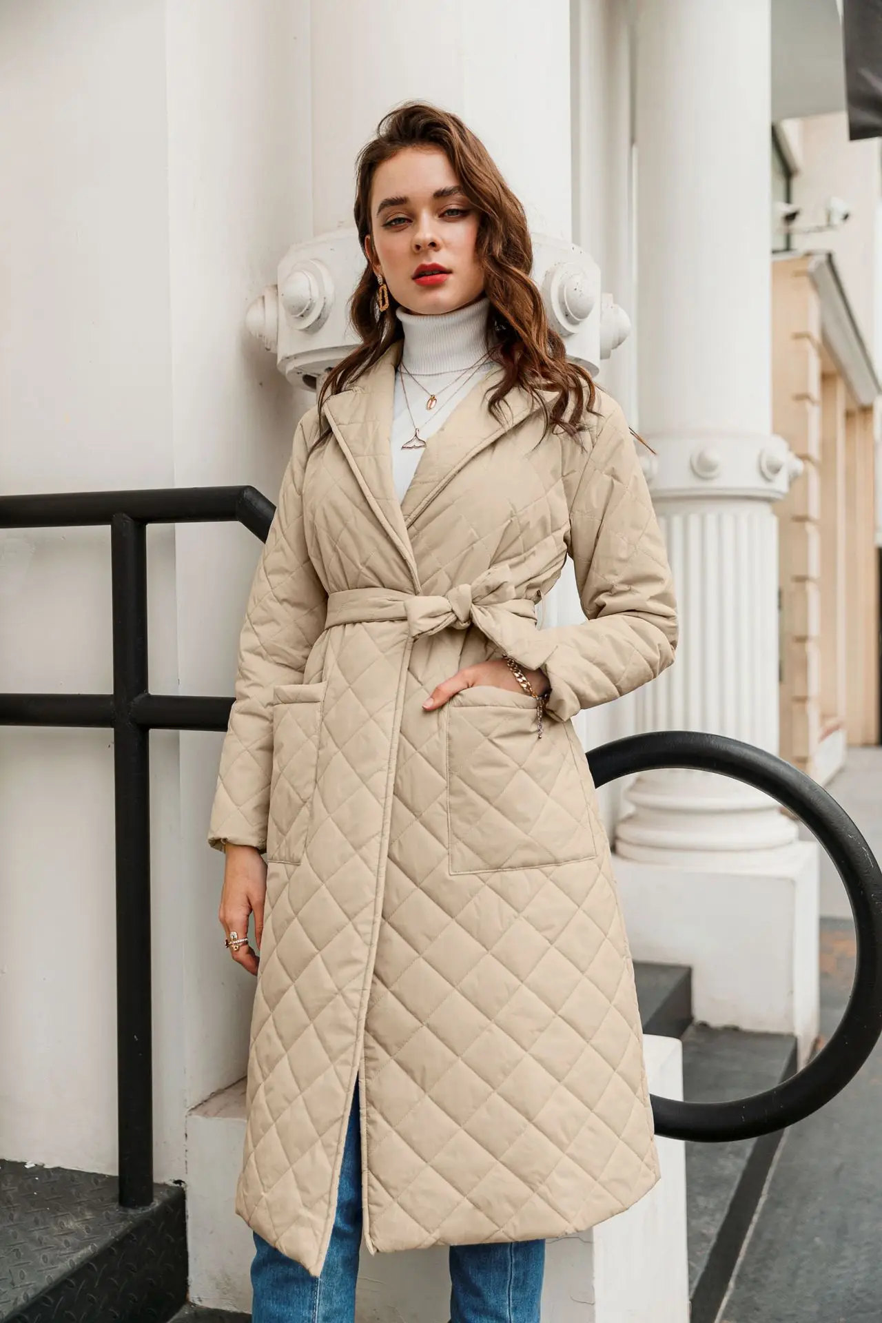 Cotton clothing women's cotton coat long knee winter coat diamond plaid cotton jacket new winter coat fashion coat