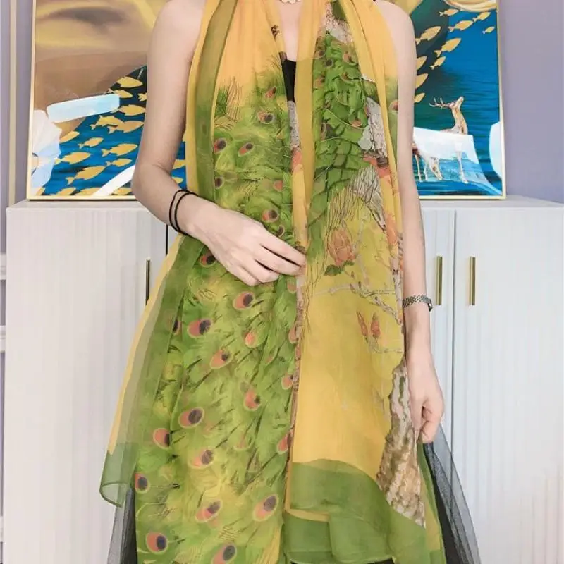 

1Pc 130X180Cm Chinese Style Women Fashion Scarf Summer Travel Outdoor Sun Protection Scarf Shawl Exquisite Peacock Pattern Scarf