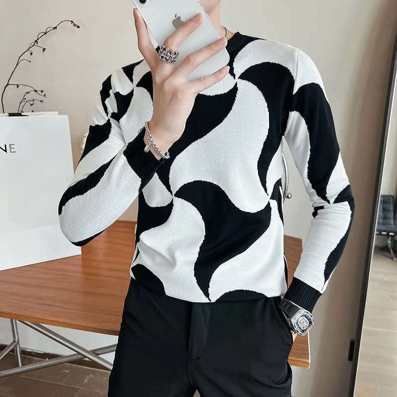 2022 Autumn Winter Stretch Jacquard Woven Crew Neck Sweater For Men Clothing High Quality Long Sleeve Slim Fit Knitted Pullovers