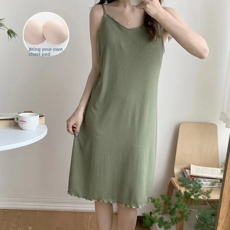 Sexy Cotton Open-back Tank Sleep Dress Women's Summer Nightgown Chest Pad Medium-length Solid Color Homewear