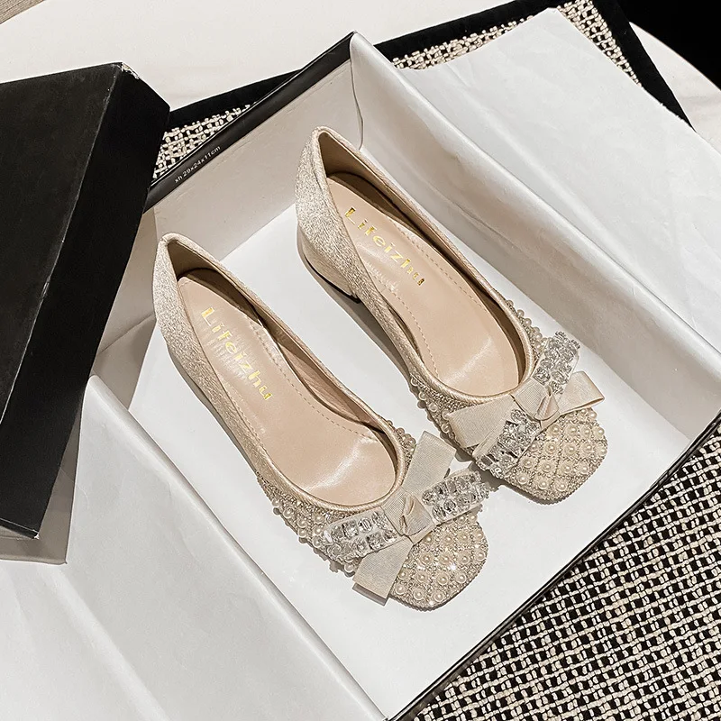 Big Size 35-43 Women Pumps 5cm Med Heel Square Toe Lady Shoes Pearls Diamonds Bowknot Design Wedding Party Fashion Shoes 628-3