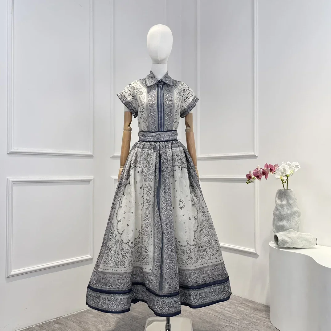 

2023 New Top Quality Silk Linen Paisley Printing Short Sleeve Shirt and High Waisted A-line Skirt Vintage Women Set