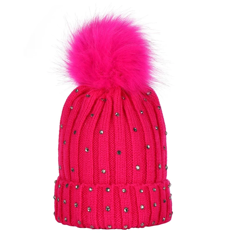 

Solid Color Keep Warm Crimping Child Elasticity Pompom Hat Autumn Winter Rhinestone Girl Hairball Knitted Hat Beanie