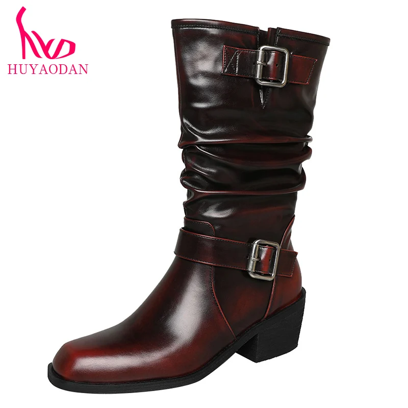 

HUYAODAN INS 2023 New Brand Autumn Winter Warm Mid Claf Boots Med Heels Square Toe Black Sliver Dress Casual Motorcycle Boots 39