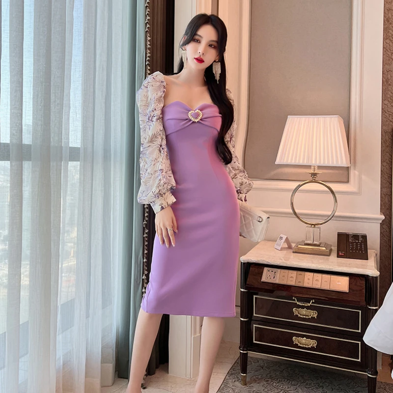 Print Floral Sexy Dress Women Summer 2022 Long Sleeve Corset Backless Dress Elegant Slim Woman Midi Purple Dress Korean Fashion