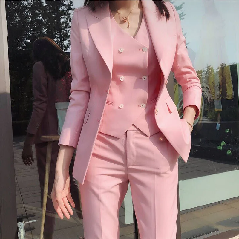 

This year's fashion new women's business solid color suit trousers vest / women's pink commuter suit jacket pants vest 3-piece s