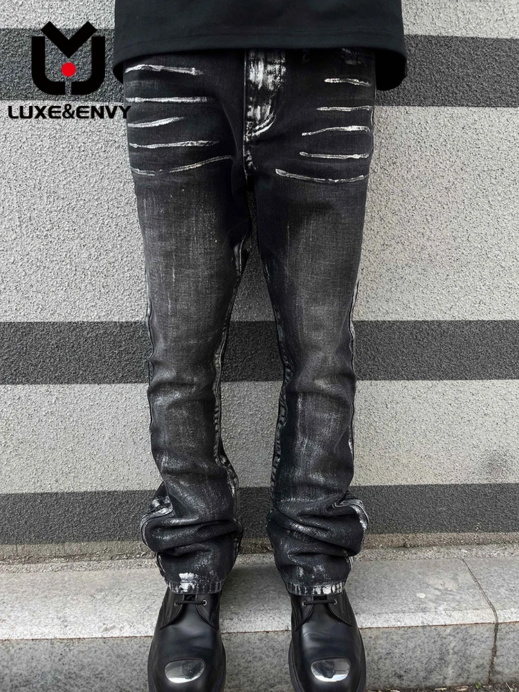 

LUXE&ENVY Silver Gel Coated Wash Black High Street Red Jeans Micro Cropped Trousers Four Season Jeans Men Spring Autumn 2023 New