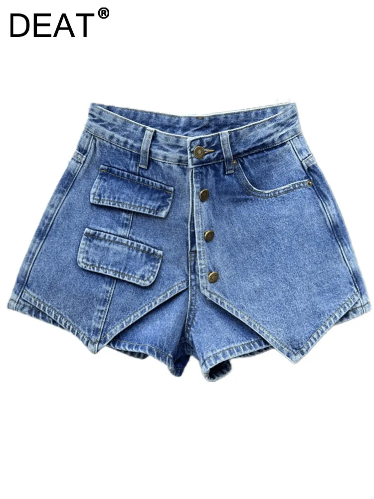 

DEAT Fashion Women Denim Shorts High Waist Zipper Pocket Single Breasted Fake 2 Pcs Short Jeans Summer 2023 New Tide 17A9356