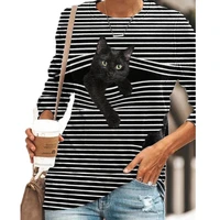 striped cat print fashion casual long sleeved t shirt retro classic black white striped o neck pullover tops women street tshirt