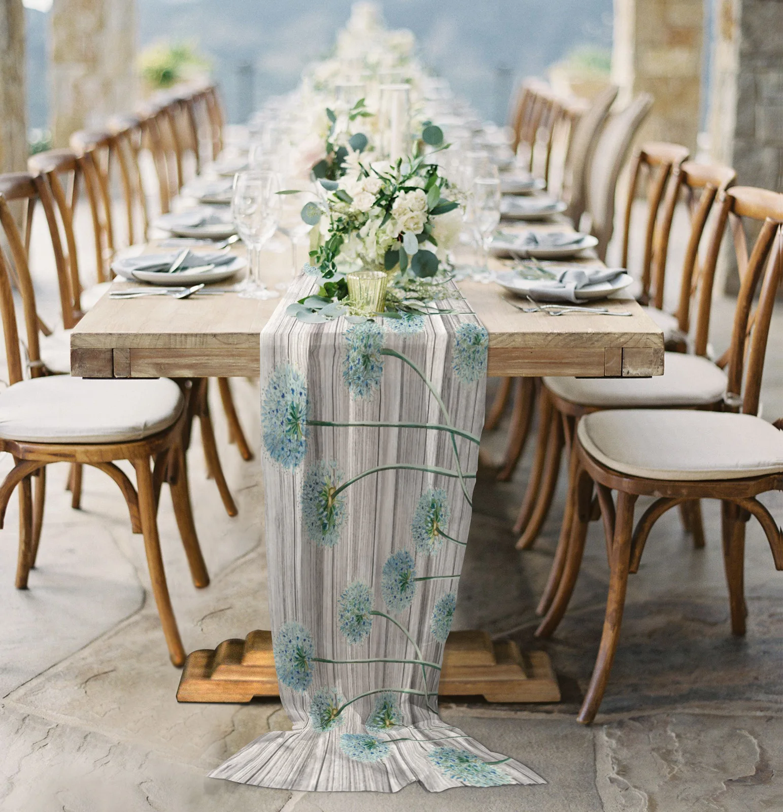 

Dandelion Retro Flower Plant Wooden Board Sheer Chiffon Table Runner Wedding Party Tulle Voile Table Cloth Home Decoration