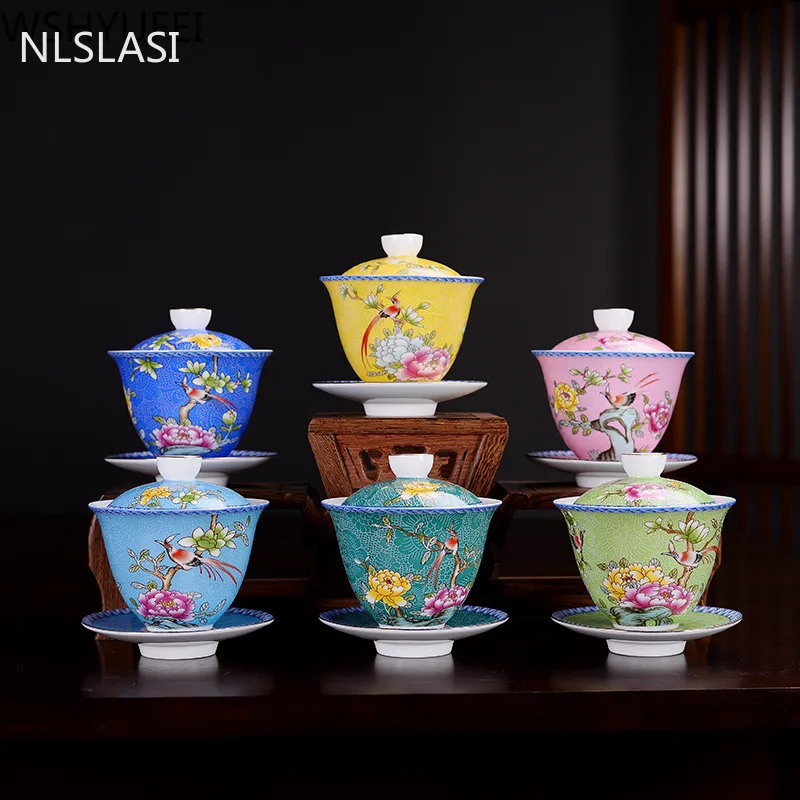 

NLSLASI Jingdezhen ceramics Gaiwan Exquisite Enamel Color Handmade Tea Bowl Hand painted flower and bird Teaset 150ml Drinkware