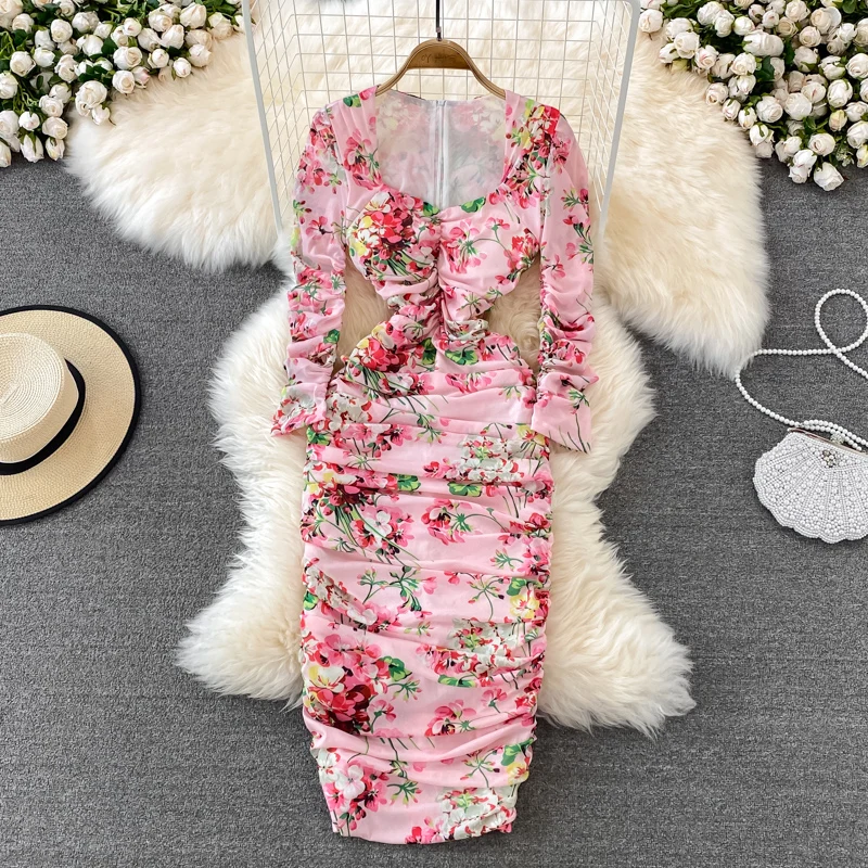 

Spring Autumn Fashion Long Sleeve Floral Print Dresses Women Square Collar Elastic Bodycon Dress Ladies Long Slim Sheath Dress