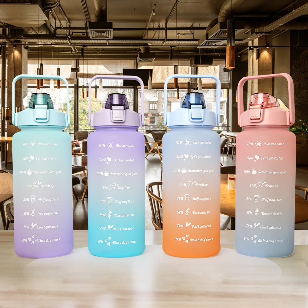 

2 Liter Large Water Bottle with Straw Portable Travel Bottles Sports Fitness Cup Summer Cold Water with Time Scale Female Girls