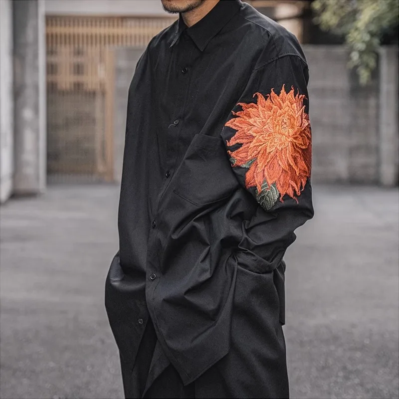 

Yohji Yamamoto Red Dahlia Shirt Embroidered Flowers Dark Style Loose Long-sleeved Shirt Men/Women With The Same Models
