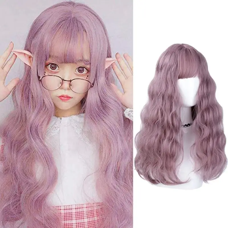 

SURI HAIR Pink Purple Synthetic Wig 22 Inches Long Curly Fluffy Lolita Style Wigs With Bangs Synthetic Heat Resistant Fibre Wigs