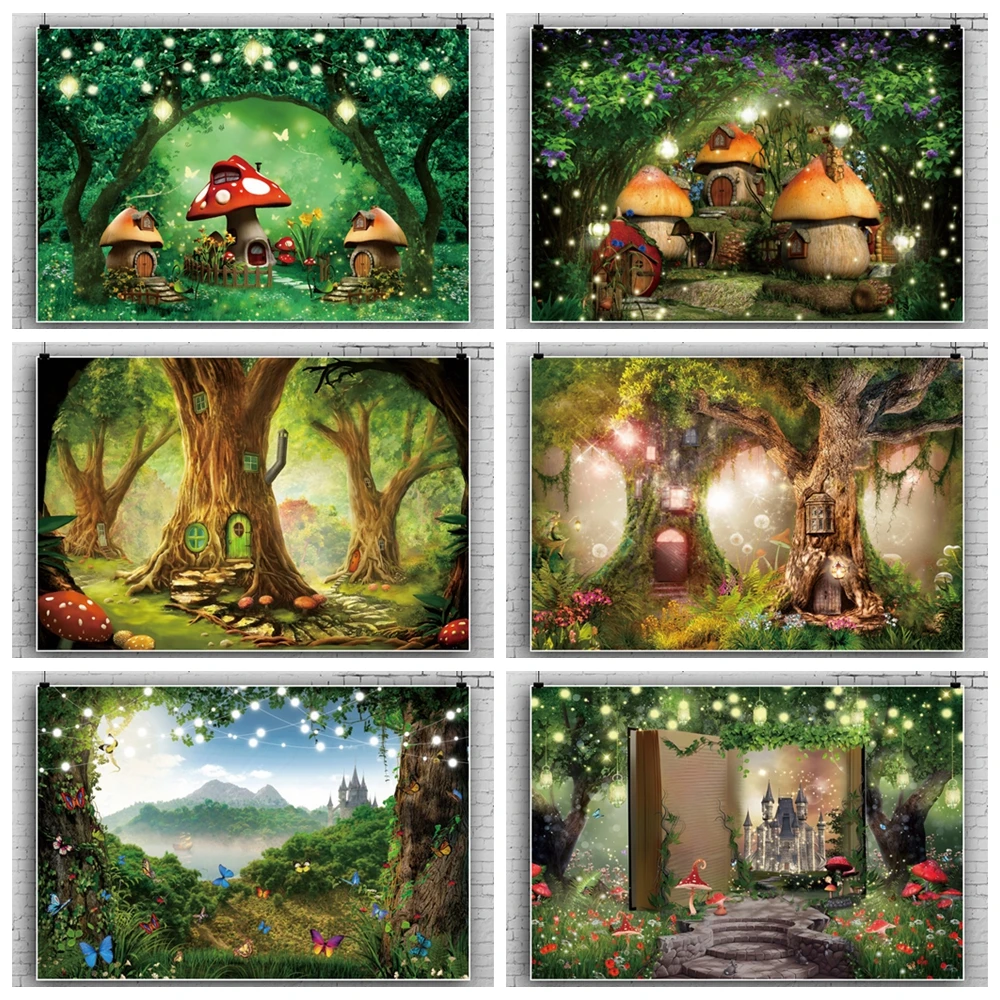 

Fairy Tale Forest Backdrops Trees Castl Mushroom Natural Jungle Baby Birthday Portrait Photography Backgrounds Photo Studio