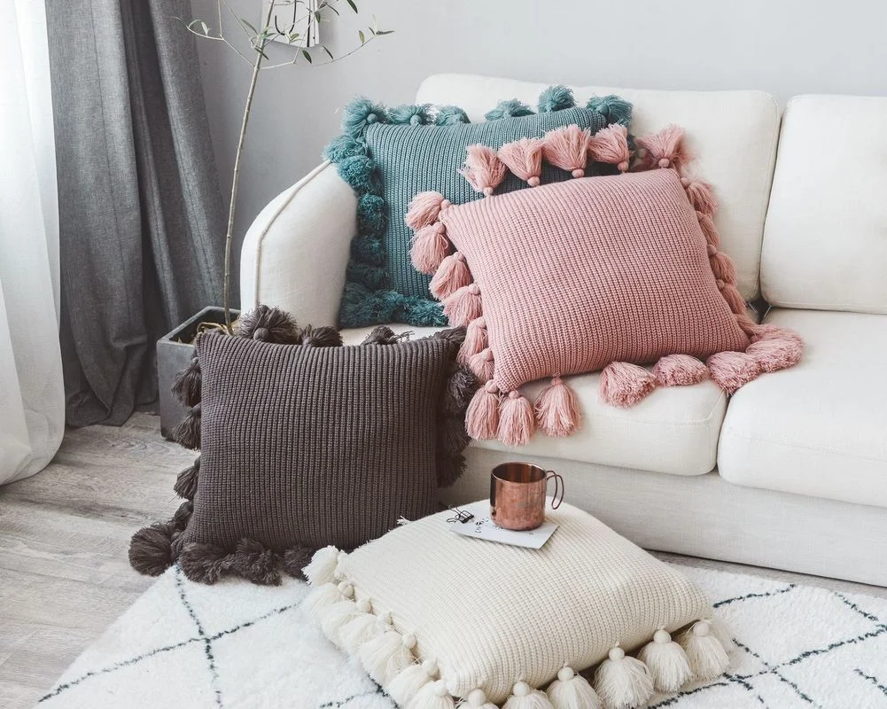 

Square Knitted Pillow Case Solid Color Cushion Cover with Tassel for Home Decor Sofa Bed Nursery Room Decorative