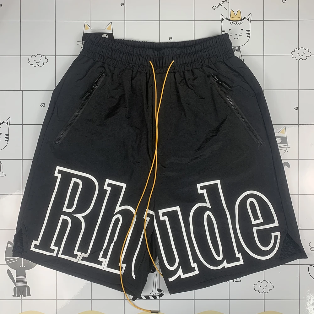 Letter logo RHUDE summer breathable shorts men's and women's high-quality large drawstring black zipper pocket beach pants