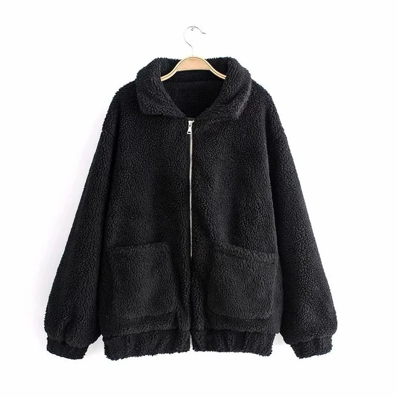 Women 2021 Casual Warm Zipper Fur Jacket Plush Overcoat Pocket Large Teddy Coat Female Autumn Winter Loose Faux Fur Coats