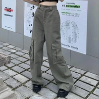 oversized harajuku ship cargo pants wide leg straight trousers street retro pocket green high waist pants buttoned loose casual