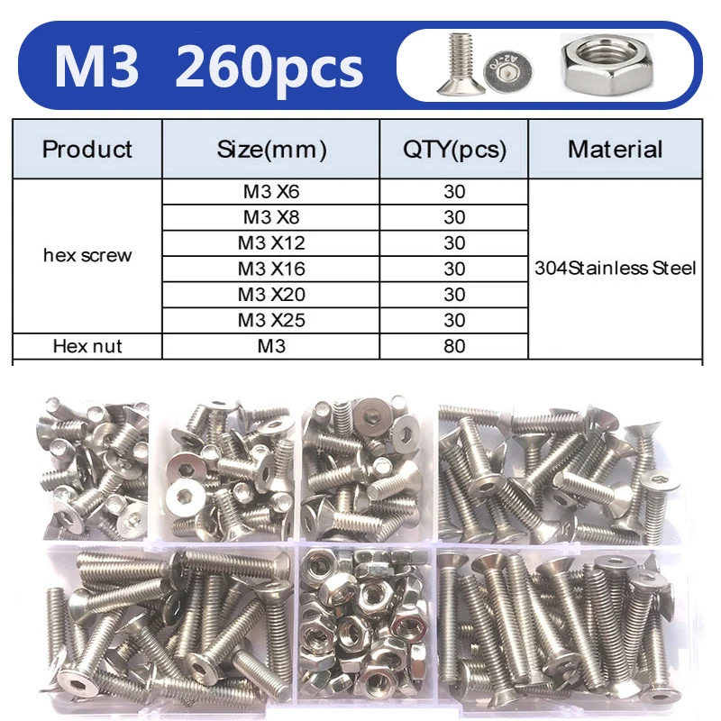 

Комплект винтов YMAX с шестигранной головкой M2-M6 из нержавеющей стали 304