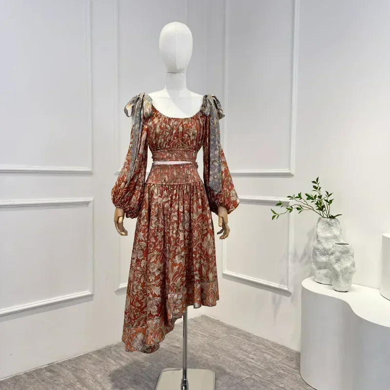 

2023 New Spring Summer High Quality silk Vintage Shirred Long Lantern Sleeve Waist Top and Irregular Hemline Skirt Woman Set