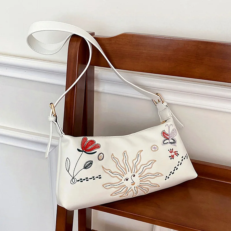 

Trendy Soft Leather Subaxillary Bag New Women Purse Female Simple Fashion Shoulder Bag Luxury Designer Embroidered Crossbody Bag