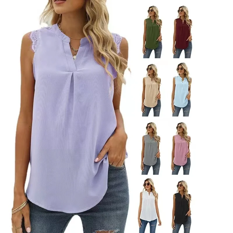 

Women's Clothes Fashion Sexy Summer New Solid Color Shirt Elegant Office Loose V-Neck Sleeveless Lace Top