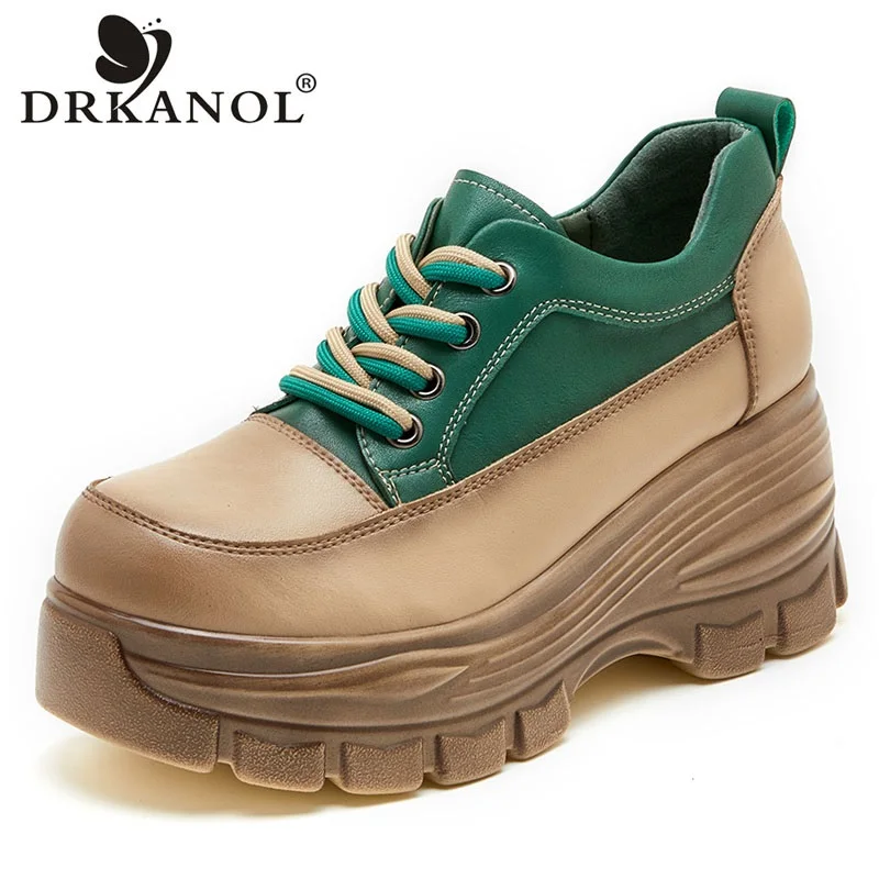 

DRKANOL Women Genuine Leather Shoes Mixed Colors Lace-Up Platform Height Increasing Shoes Ladies Comfort Wedges Casual Shoes