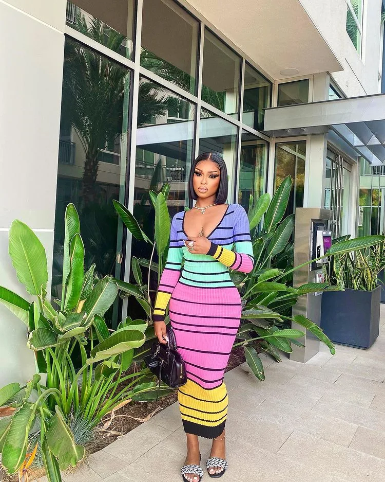 

2022 Spring Casual Knit Ribbed Striped Women Long Sleeve V-neck Bodycon Maxi Long Dress