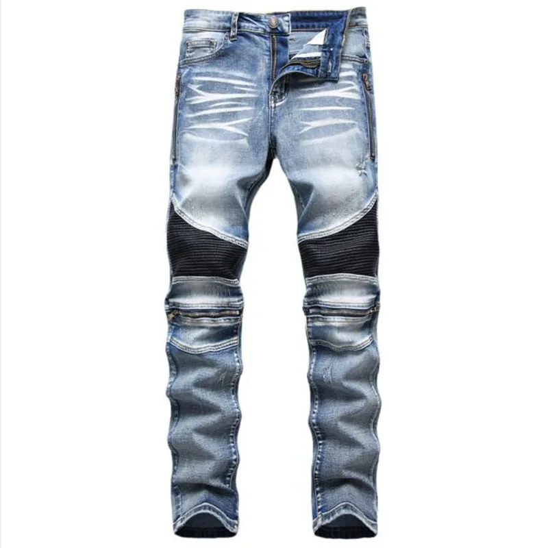

2021 New Fashion Mens Biker Jeans Slim Straight Zipper Autumn Men Desiger Washed Denim Pants Pleated Motorcycle Jeans Trousers