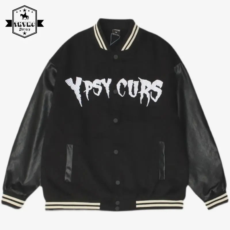 

Мужская бейсбольная куртка, Готическая Свободная куртка с вышивкой и кожаными рукавами, мотоциклетные куртки для пар, уличная мода, повседневные куртки