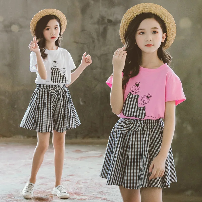 

2022 Summer baby kids Girls Clothes Children Set Outfits Fashion Toddler T-shirt + Plaid Skirt 2 3 4 5 6 7 8 9 10 11 12 13 Years