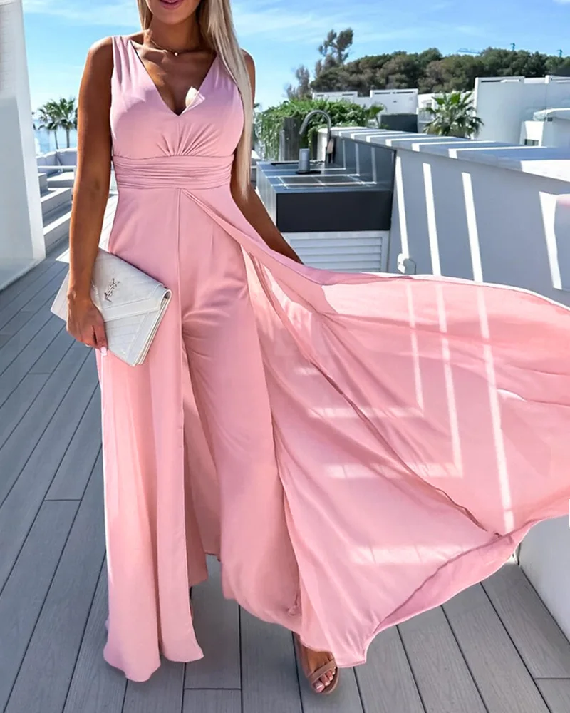 

V-neck Asymmetrical Hem Sleeveless Party Jumpsuit Women Spring Summer Solid Color High Waist Overall Pants Jumpsuits