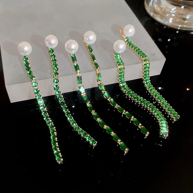 

UILZ Trendy Geometric Green Crystal Drop Earrings for Women Long Tassel Zircon Earring Luxury Design Girls Party Wedding Jewelry