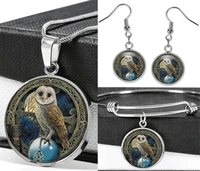 owl necklace earrings stainless steel adjustable bracelet bangle jewelry sets%ef%bc%88totally 4pcs wiccan witchcraft amulet jewelry