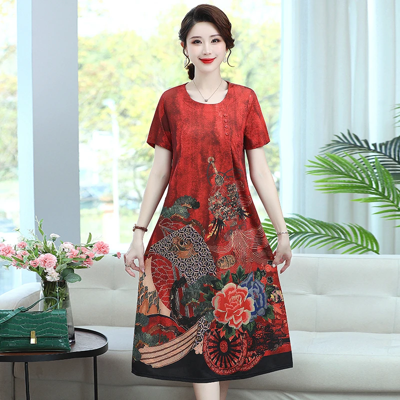 

Mom Summer Clothes Youthful-Looking Dress Mid-Length Large Size Printed Wide LadyWestern Style Middle-Aged and Elderly Skirt