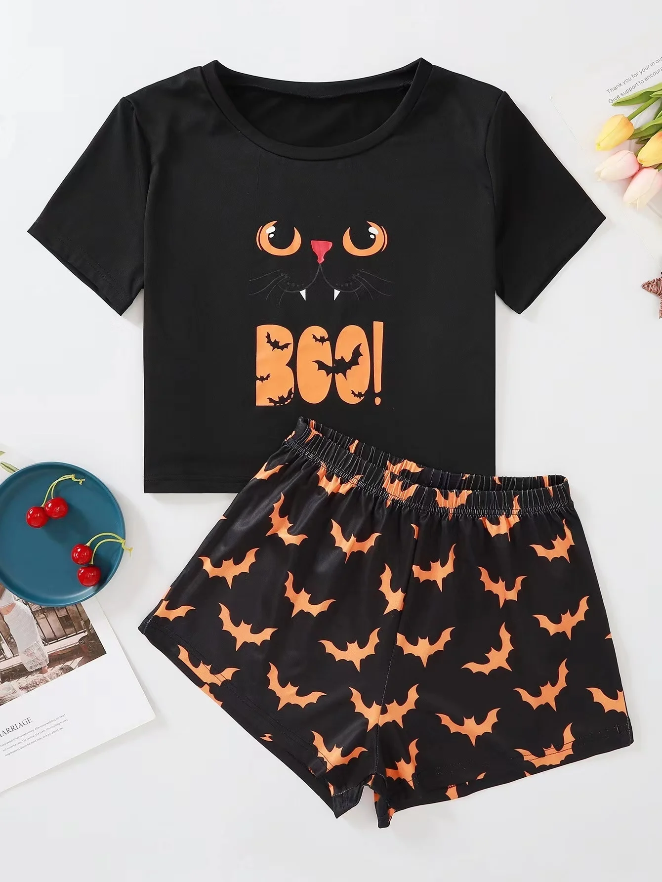 

New Style Summer Lady Personality Bat Print Short Sleeve T Shirts & Shorts Pajama Set Halloween Comfortable Sleepwear Home Suits