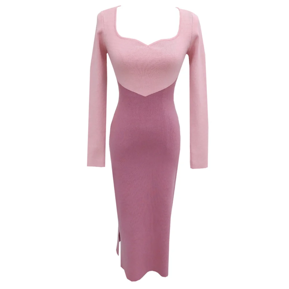 

Женское вечерние котажное платье-футляр с длинным рукавом и квадратным вырезом