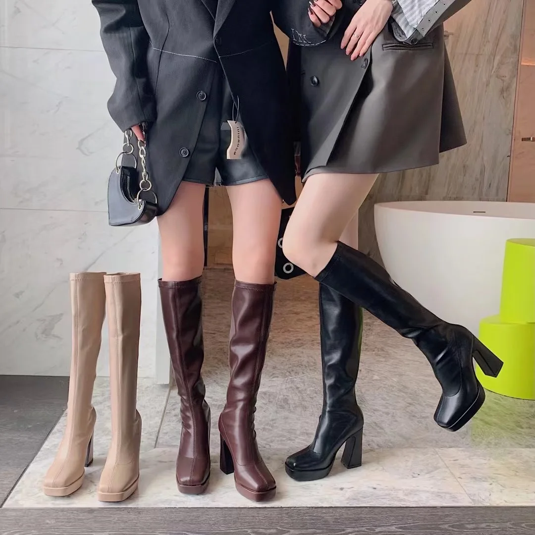 

Black Brown Khaki Women Knee High Boots Platform Shoes Thick High Heels Stretch Shoes 2022 New Arrivals Party Pumps Sock Botas